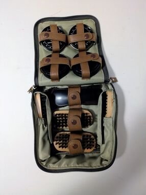 J M Mark Jordan Travel Shoe Shine Kit in Olive Green with Brown Straps